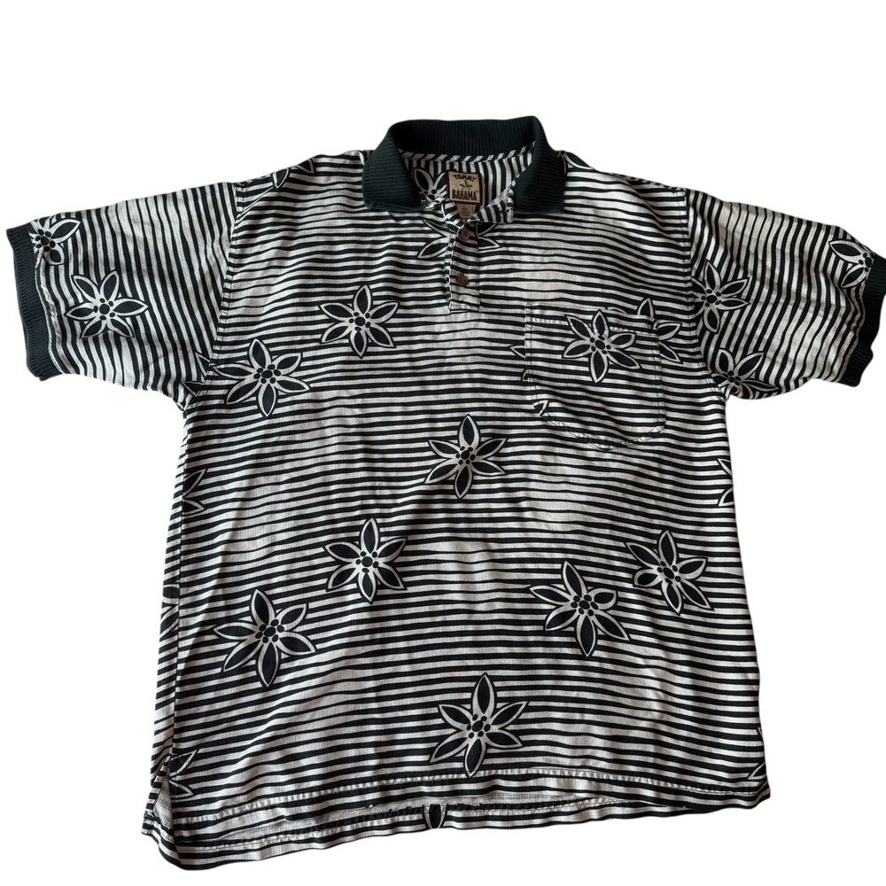 Tommy Bahama Polo Shirt Mens Large Black White Floral Stripe 100% Silk SS